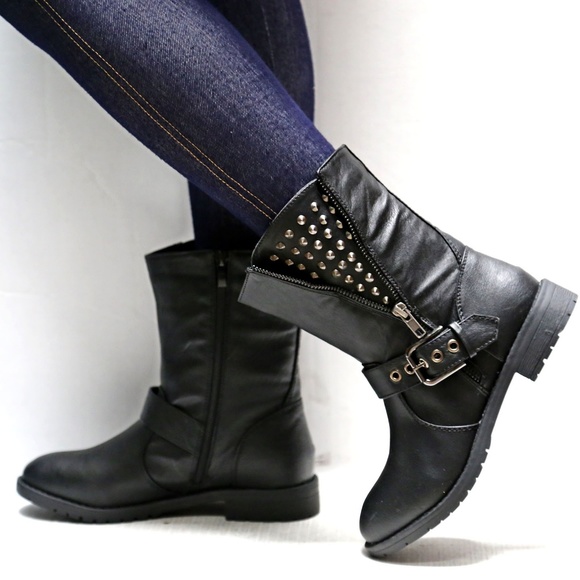 black mid calf biker boots